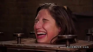 Slave in bondage props gagged big load of shit